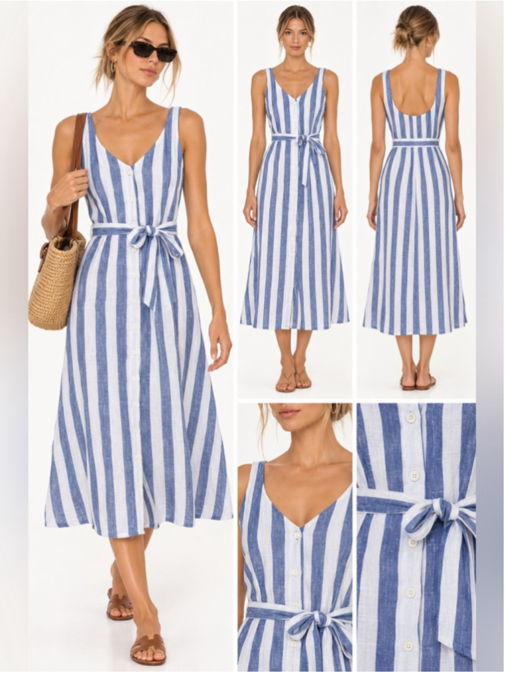 Pact Blue White Striped Organic Cotton Hemp Sleeveless Midi Dress Size M